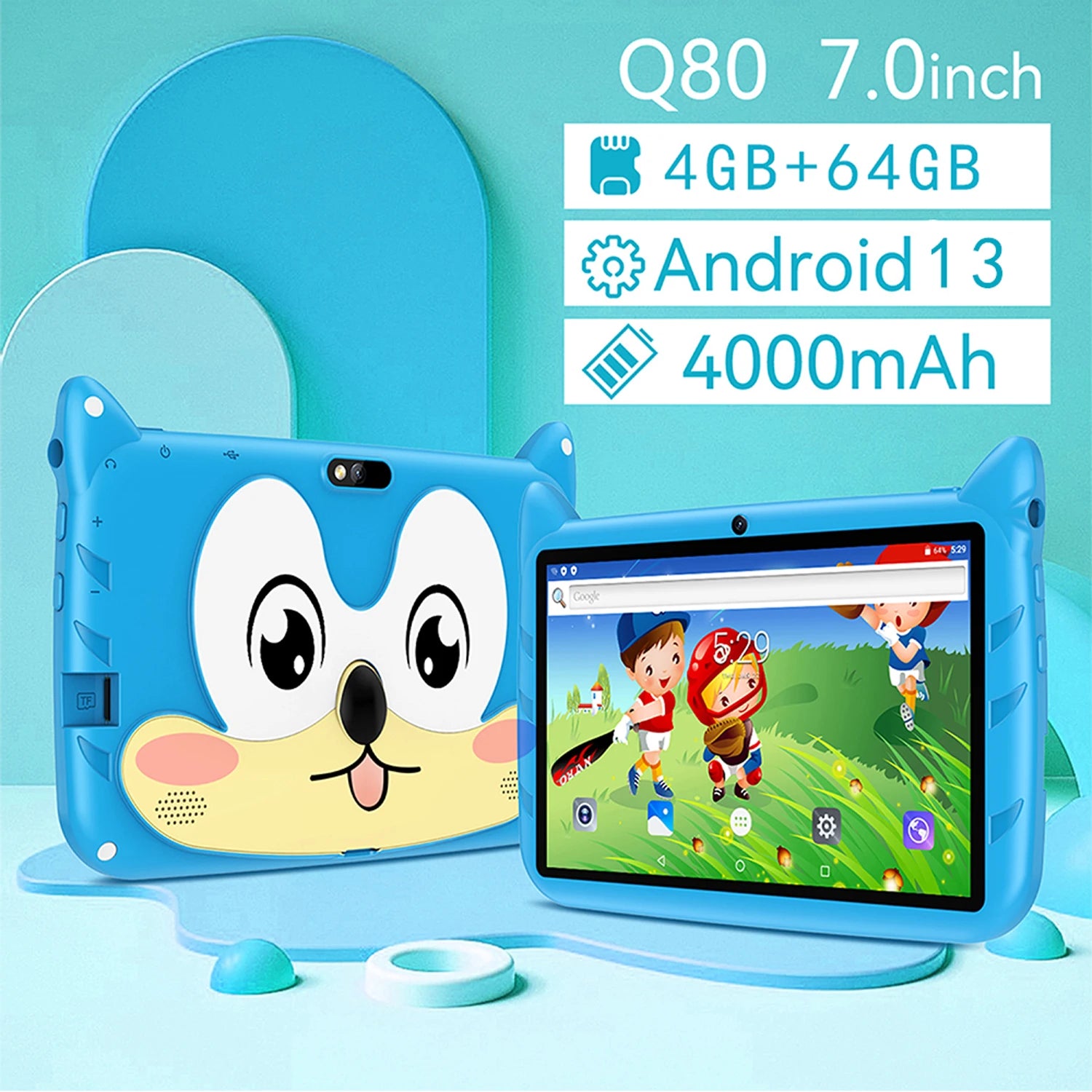 BDF Cartoon-Muster 7 Zoll Kinder-Tablet Quad Core 4GB RAM 64GB ROM Android 13 Google Lernspiele Tablets 4000mAh