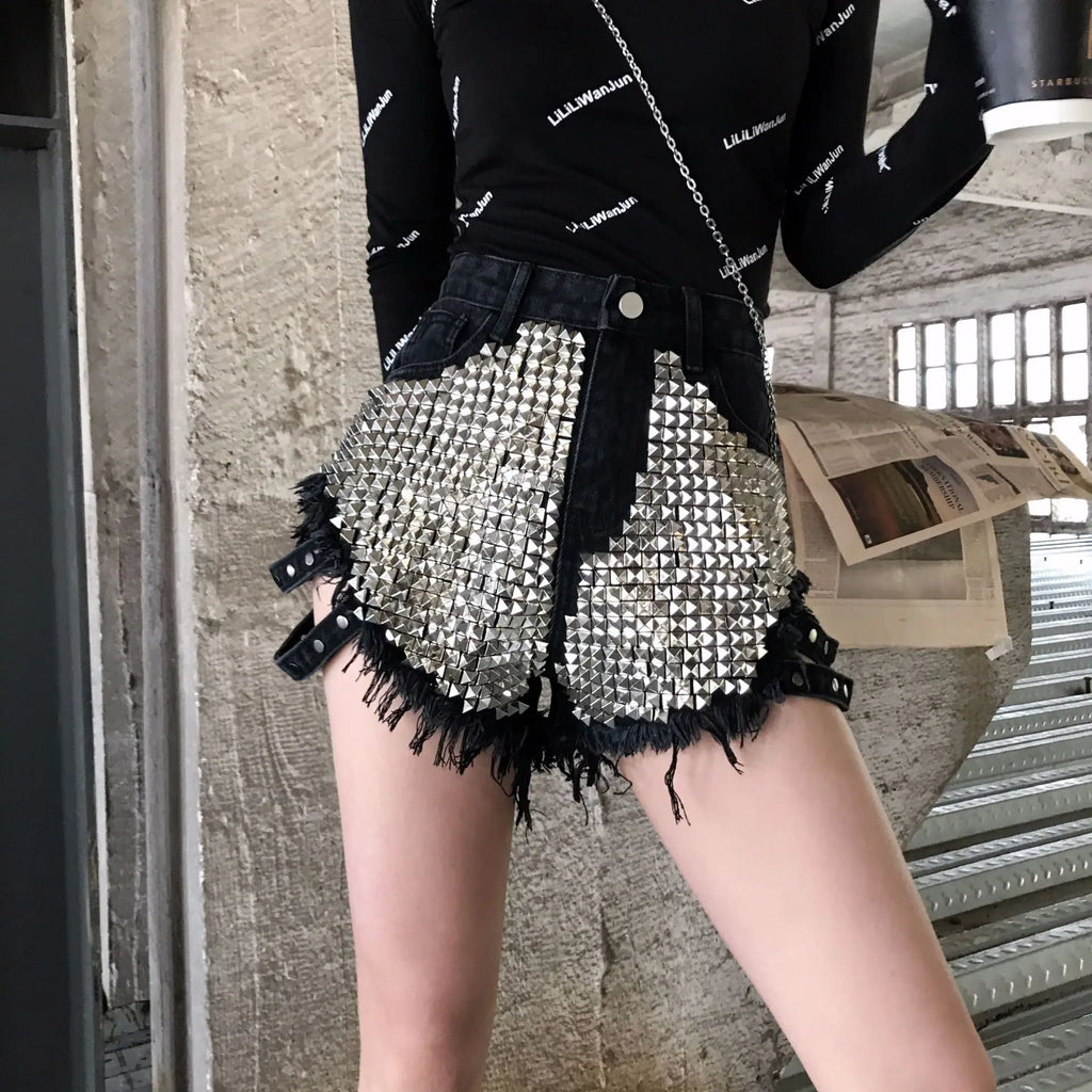 Summer Side Spike Damen-Denim-Shorts 2021 Mode Loose Holes High Waist Jeans High Street Weite Beine Dünne Shorts Damen Hosen