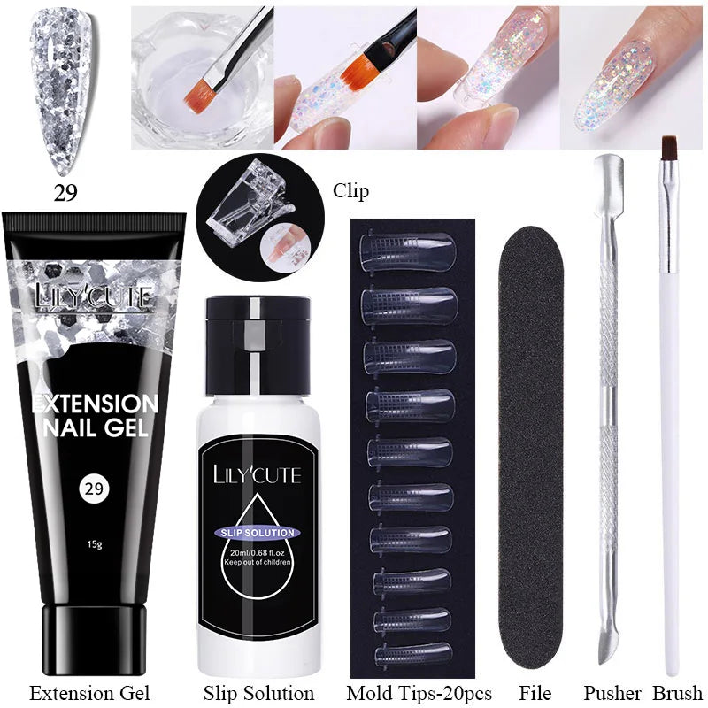 LILYCUTE 15ml Verlängerungsgel-Nagellack-Set Quick Nail Prolong mit Verlängerungsform-Nagelspitzen Acryl-Lösung Maniküre-Werkzeug-Kit