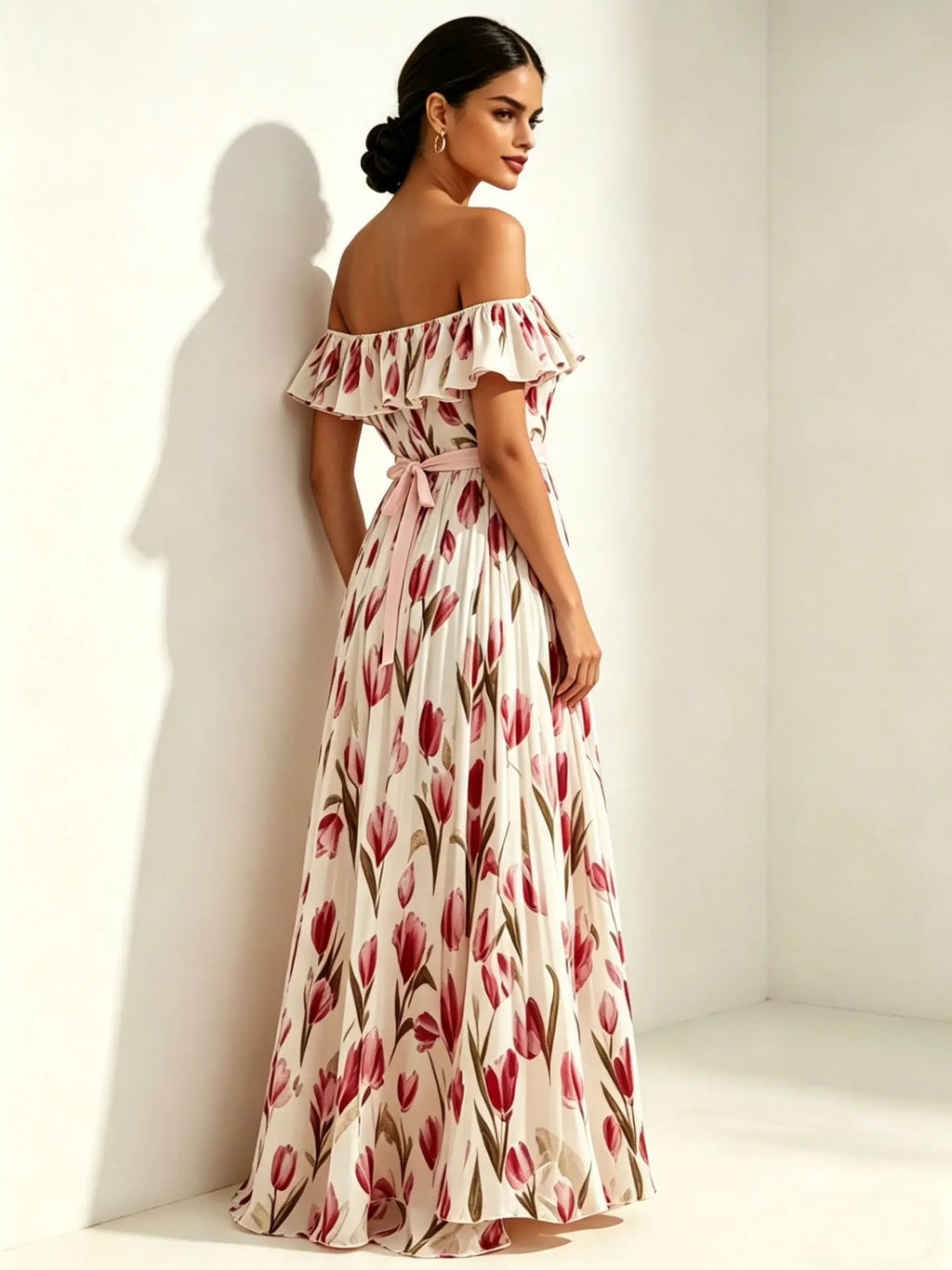2026 Sommer schulterfreies Kleid mit Tulpenprint in großen Größen, schlankmachend, mit eckigem Ausschnitt und Maxilänge