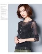 Glitzer-Netzbluse Sexy Damen Shirts Langarm-Oberteile Koreanisch Schwarz Pink O-Neck Elegante Slim Bluse Camisas Femininas