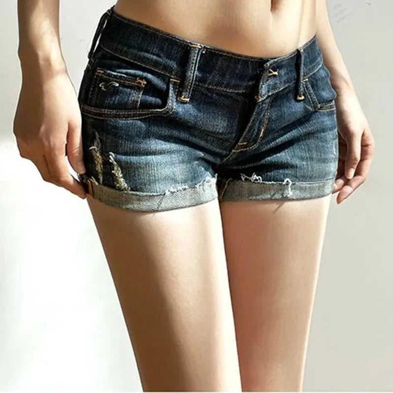 Sommer Neue Damen Koreanische Jeans-Shorts Hose Damen Niedrige Taille Elastische Slim Fit Hotpants Weibliche Sexy Dunkelblaue Hüftwickel-Jeans