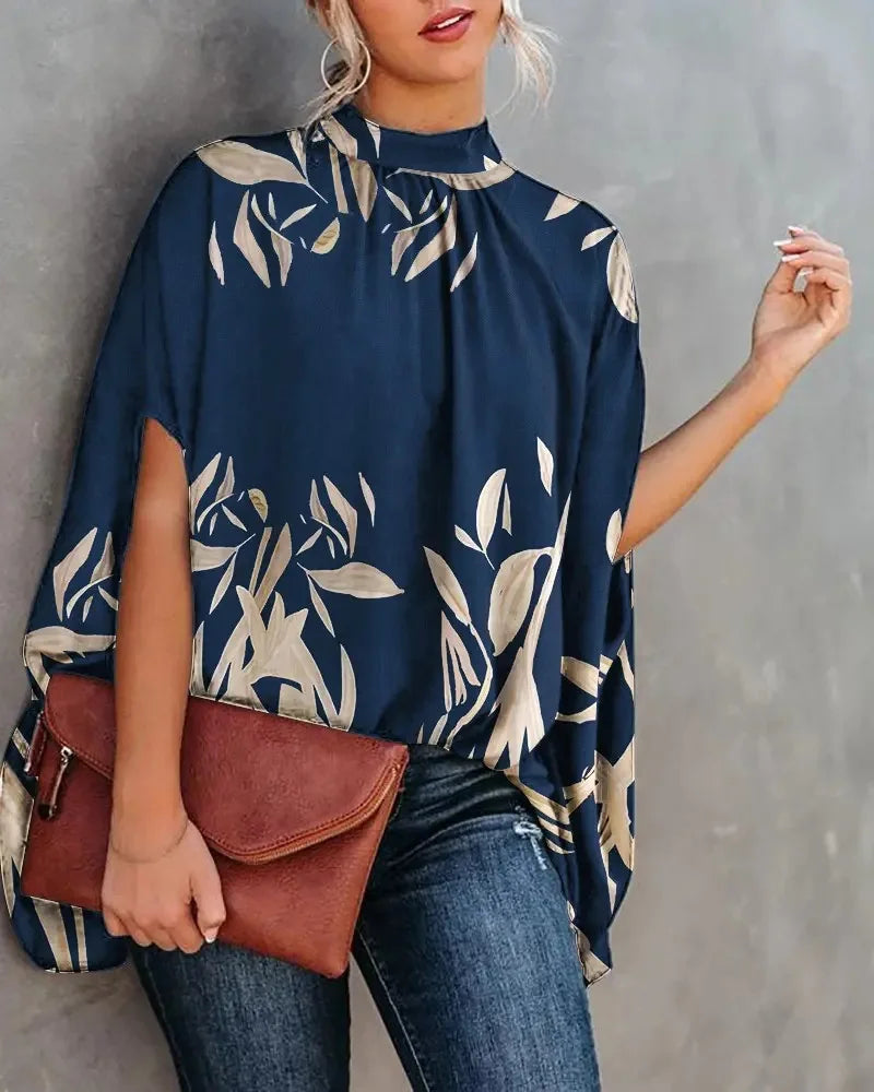 Lässige weite Damenbluse Mode Fledermausärmel Print Rundhals Shirts Top Frühling Sommer Büro Damen Blusen Elegante Oberteile 2024
