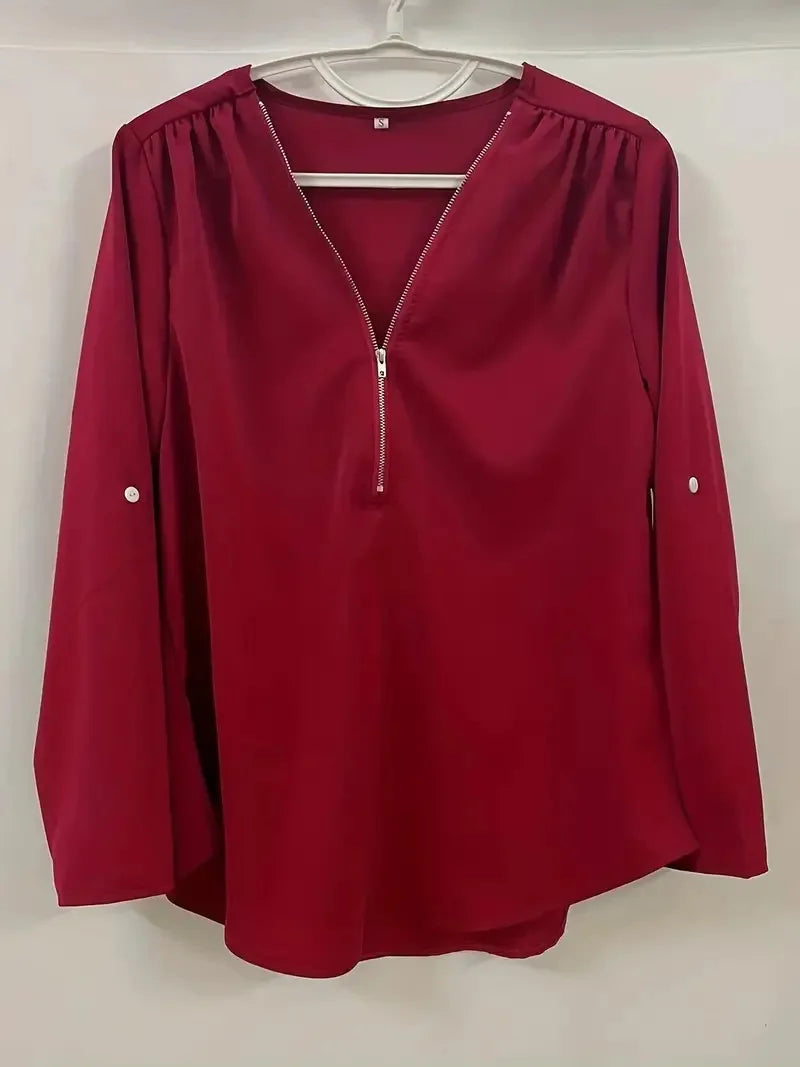2024 Qualität Heißer Verkauf Plus Size Tiefer V-Ausschnitt Damenbluse Chiffon Coole lockere Hemd Mode Freizeit Damen Tops Sexy Reißverschluss Pullover