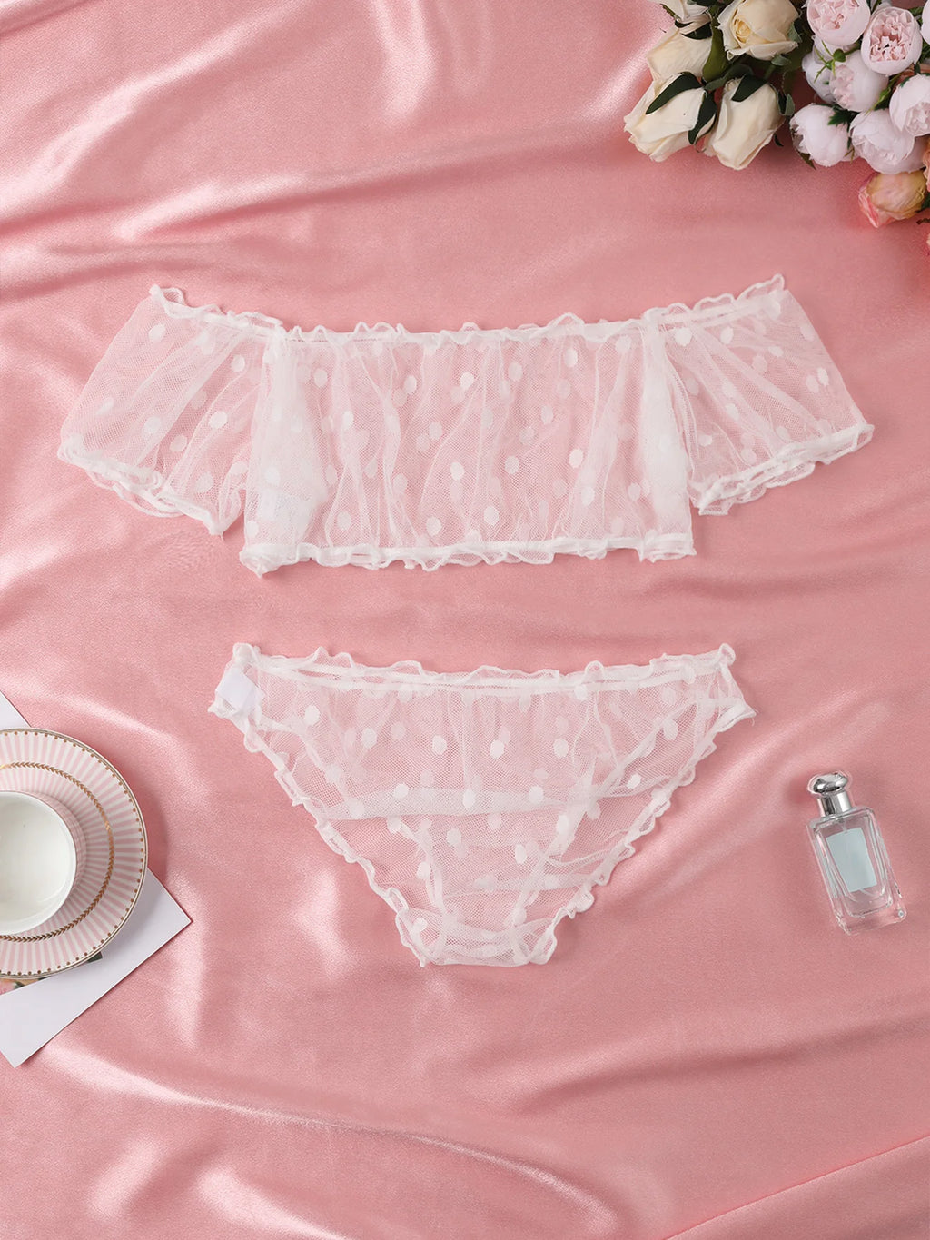 Dessous-Set mit Tupfenmuster, semi-transparentem Design, Bustier-Oberteil und Höschen-Set, Damenbekleidung