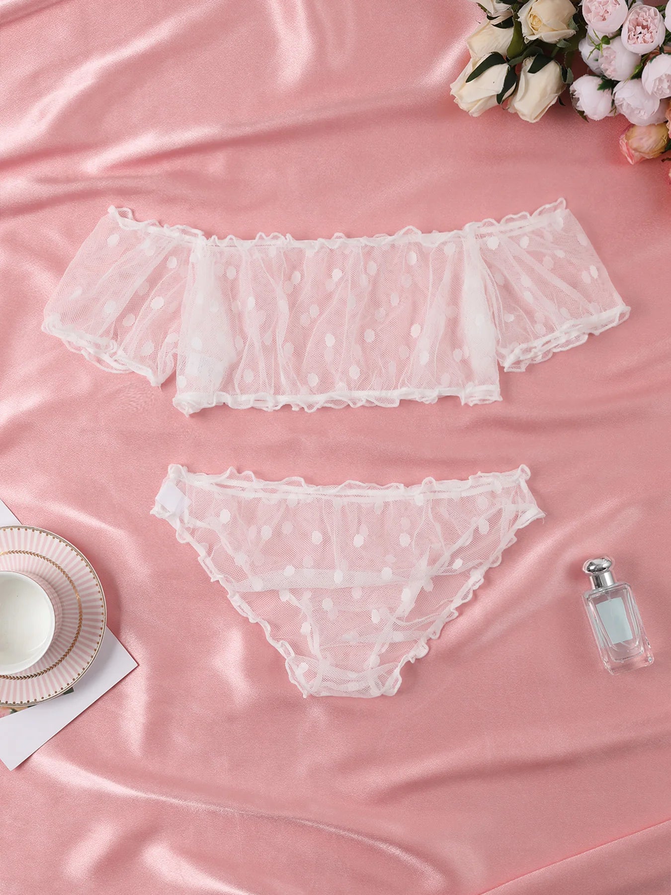 Dessous-Set mit Tupfenmuster, semi-transparentem Design, Bustier-Oberteil und Höschen-Set, Damenbekleidung