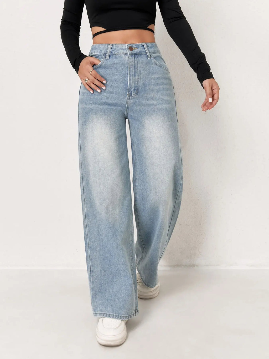 Europäische und N Trend Washed Blue Wide Leg Jeans Damen Jeans Damen Bequeme Mode All-Matching Trend Jeans