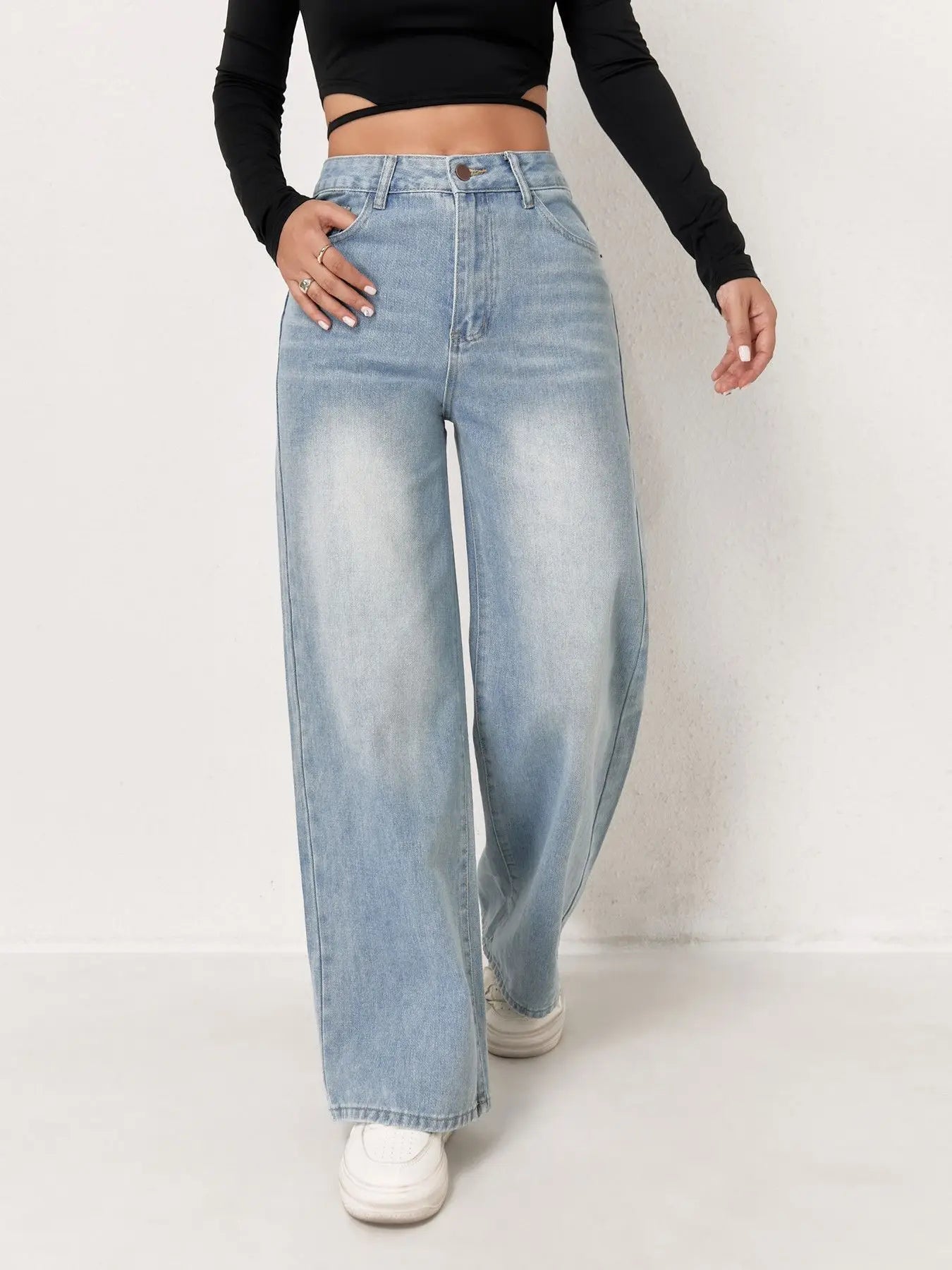 Europäische und N Trend Washed Blue Wide Leg Jeans Damen Jeans Damen Bequeme Mode All-Matching Trend Jeans