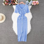 YuooMuoo 2026 Neu eingetroffen Damen Strick Maxikleid Elegant V-Ausschnitt Einreihiges Pulloverkleid Büro Dame Vestidos