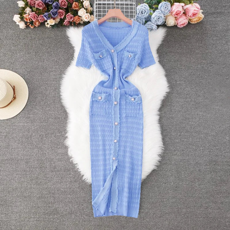 YuooMuoo 2026 Neu eingetroffen Damen Strick Maxikleid Elegant V-Ausschnitt Einreihiges Pulloverkleid Büro Dame Vestidos Hauptbild