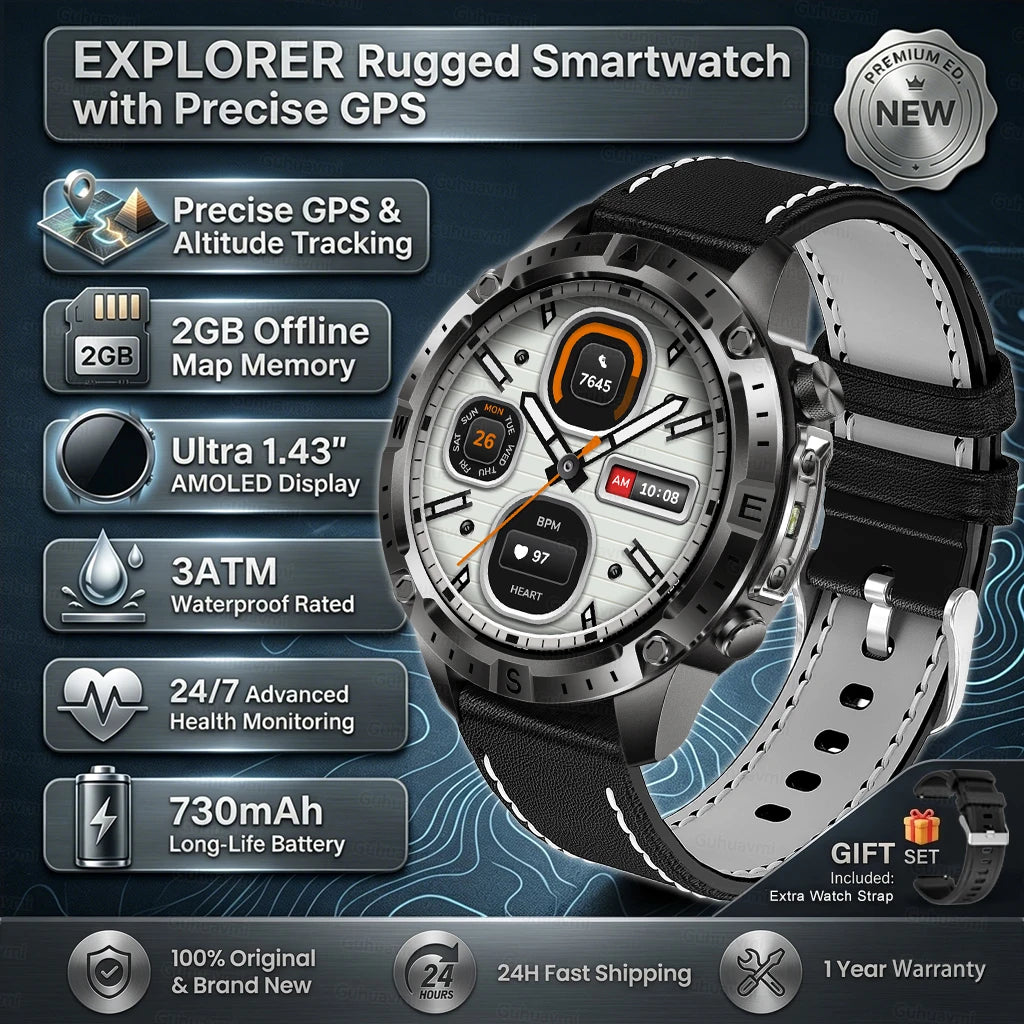 GPS Smart Watch for Men 2G ROM GPS Offline Maps Waterproof Swim Hiking Fitness Tracker Sleep SpO2 Rugged Durable Smartwatch GPS