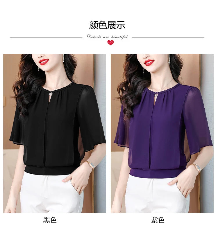 Sommerkleidung Halbarm-Chiffonbluse 2025 Neue Mode Loose Damen Tops Einfarbige Freizeit-Pullover-Shirts