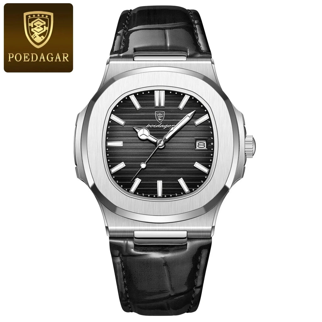 POEDAGAR Top Luxus Quadratische Herrenuhr Datum Wasserdicht Leuchtend Herren Armbanduhr Hochwertige Leder Herren Quarzuhren+Box Reloj
