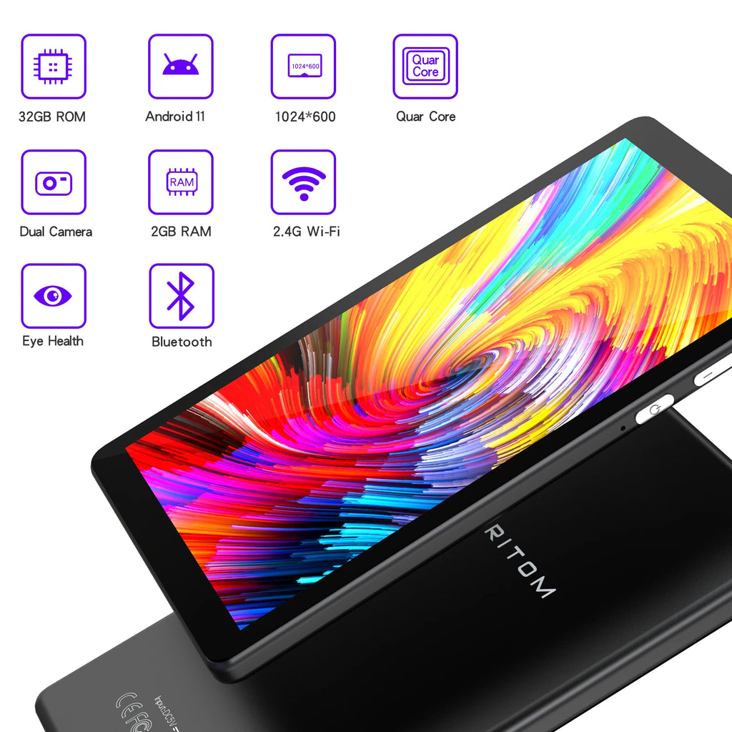 PRITOM 7 Zoll Tablet PC 32 GB Android 11 mit Quad-Core-Prozessor HD-IPS-Display Dual-Kamera WiFi mit PU-Schutzhülle