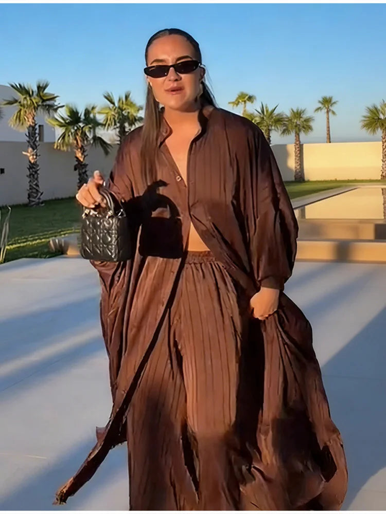 Beiges zweiteiliges Set für Damen, Oversized-Hemd mit Knopfleiste und High-Waist-Hose mit weitem Bein, Y2k Sommer-Urlaubs-Kaftan-Outfit