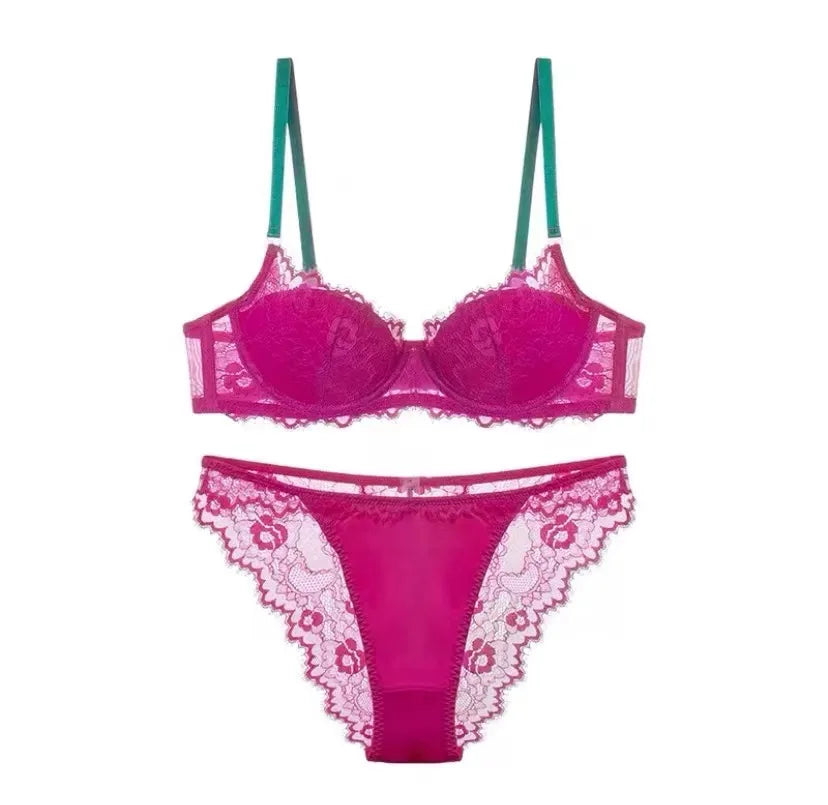 Sexy Spitzen-BH- und Höschen-Set, Minimizer, Anti-Sagging, vollflächig bedeckend, verstellbarer Bügel, große Bruststütze, dünne Seitenstütze, kein Überlaufen