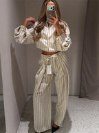 HH Damen Frühling Neue Mode Vintage Vielseitige Beige Gestreifte Puffärmel-Shirt + Hochtaillierte Lockere Plissierte Lässige Lange Hose Set