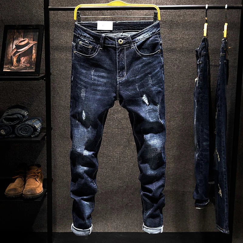 Amerikanische elastische Straight Jeans Herren, zerrissen, Used-Look, Slim-Fit, Baumwoll-Denim-Hose, koreanischer Stil, Mode, Blau Schwarz, Herrenbekleidung Hauptbild