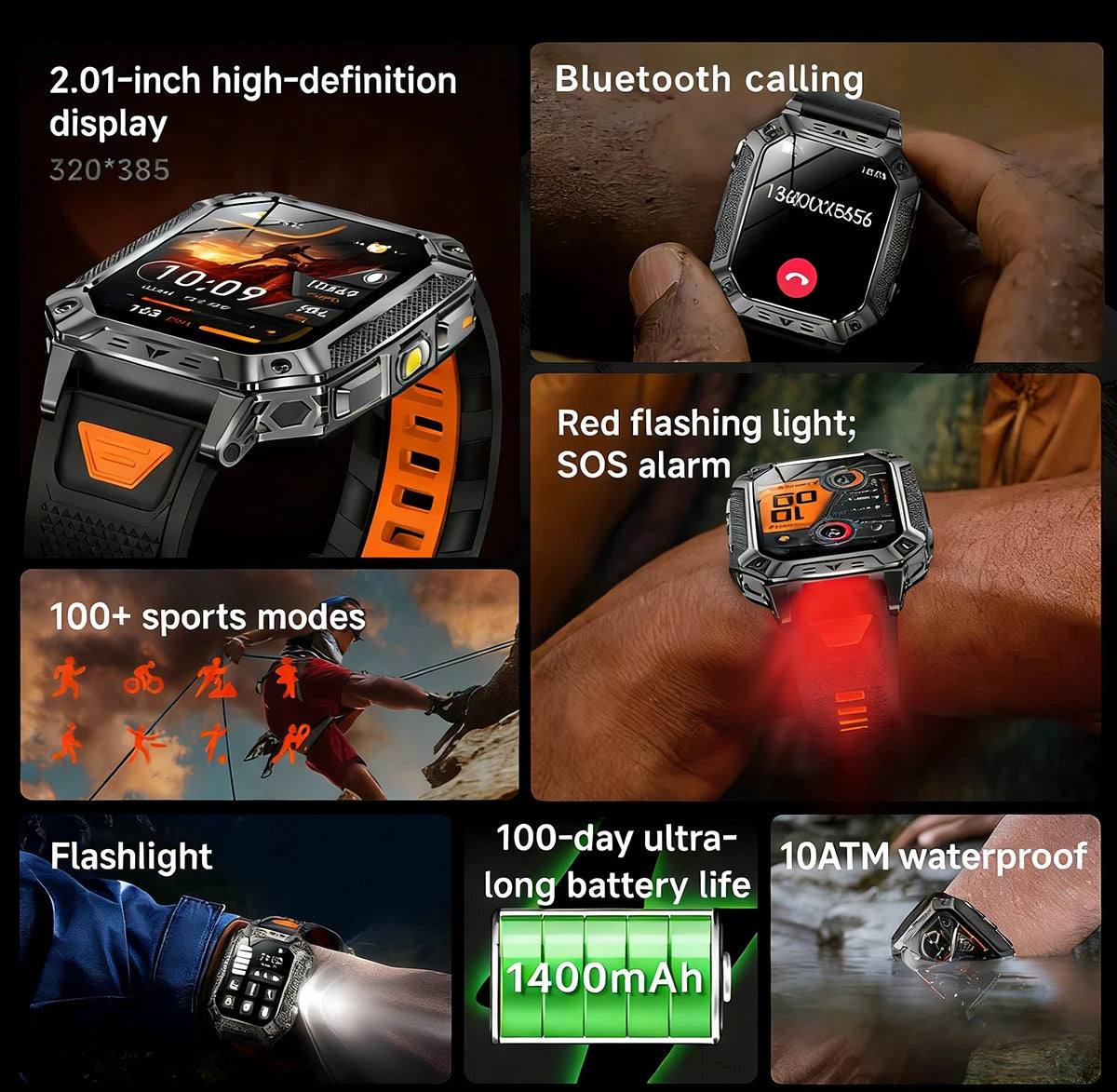 2026 TANK Neue 1400mAh Militär GPS Smartwatch Herren 2.01" AMOLED-Bildschirm 10ATM Wasserdichte Uhr SOS Anruf Taschenlampe Smartwatch iOS