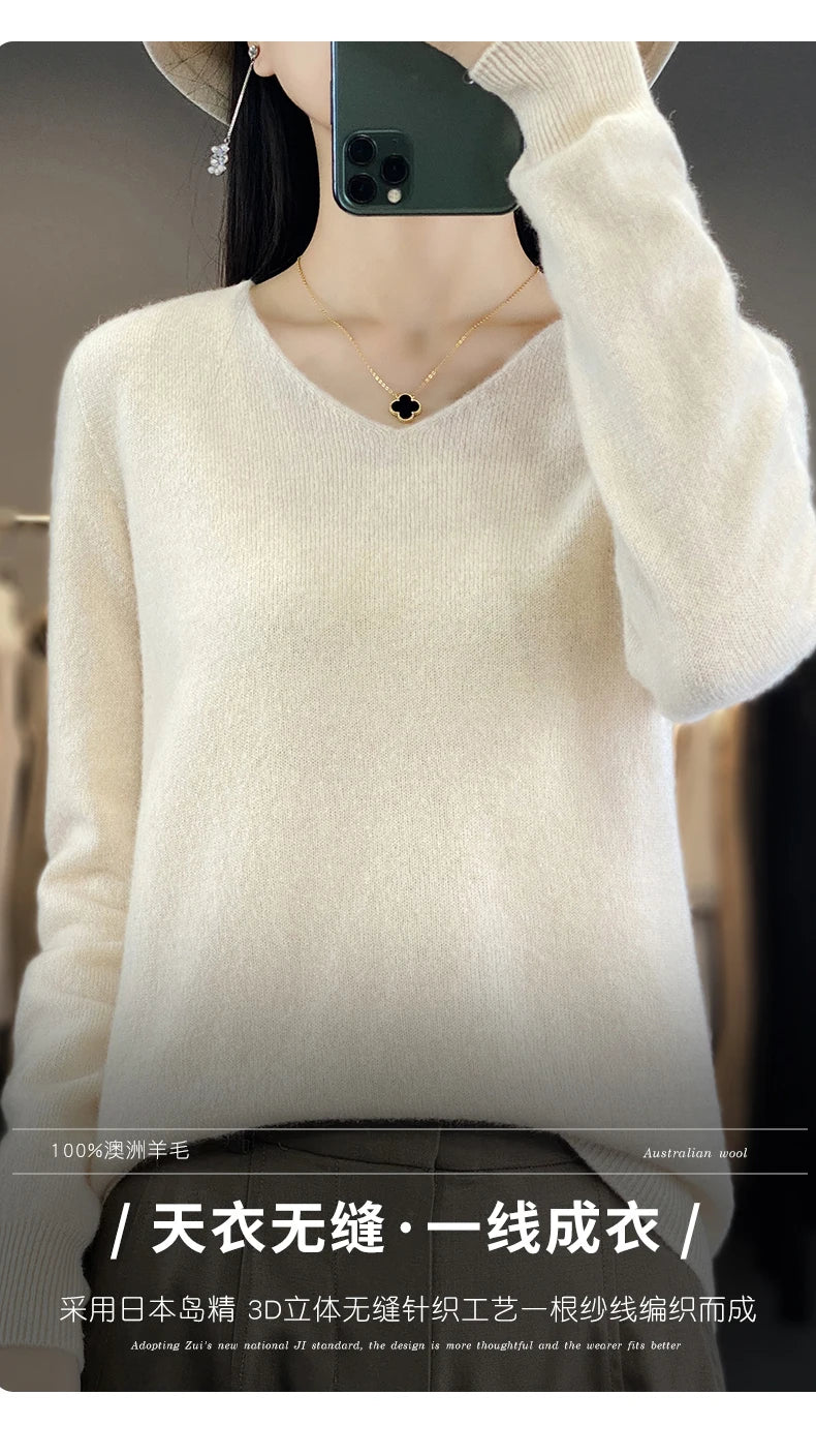 Damen 100% Merinowolle Pullover V-Ausschnitt Basic Pulli Herbst Winter Kaschmir Kleidung Langarm Weiche Strickware Oberteile Unifarben
