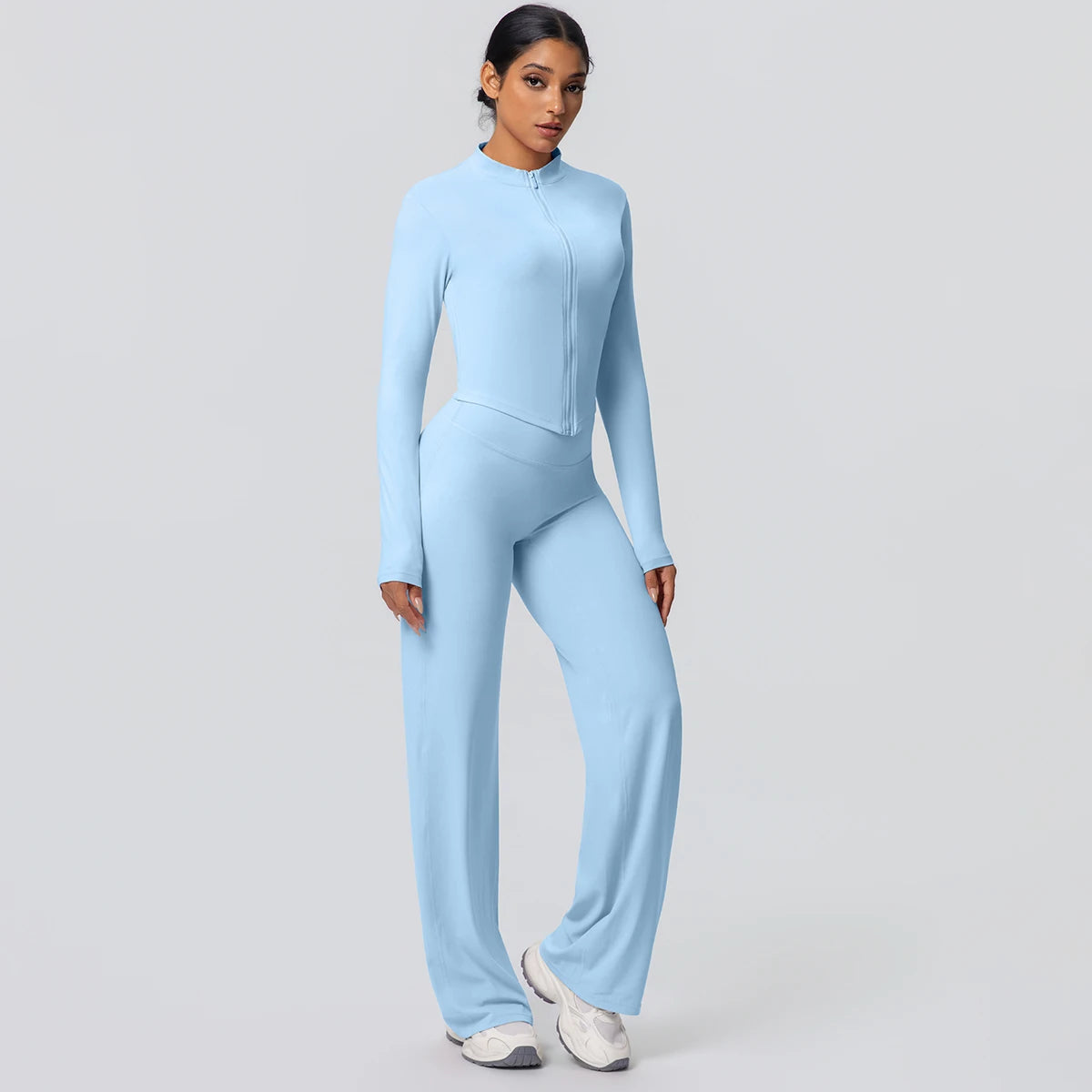2-teiliges schnelltrocknendes Sport-Fitness-Bekleidung Yoga-Set Damen Yoga Reißverschluss Langarm High Waisted atmungsaktive weite Hose Set
