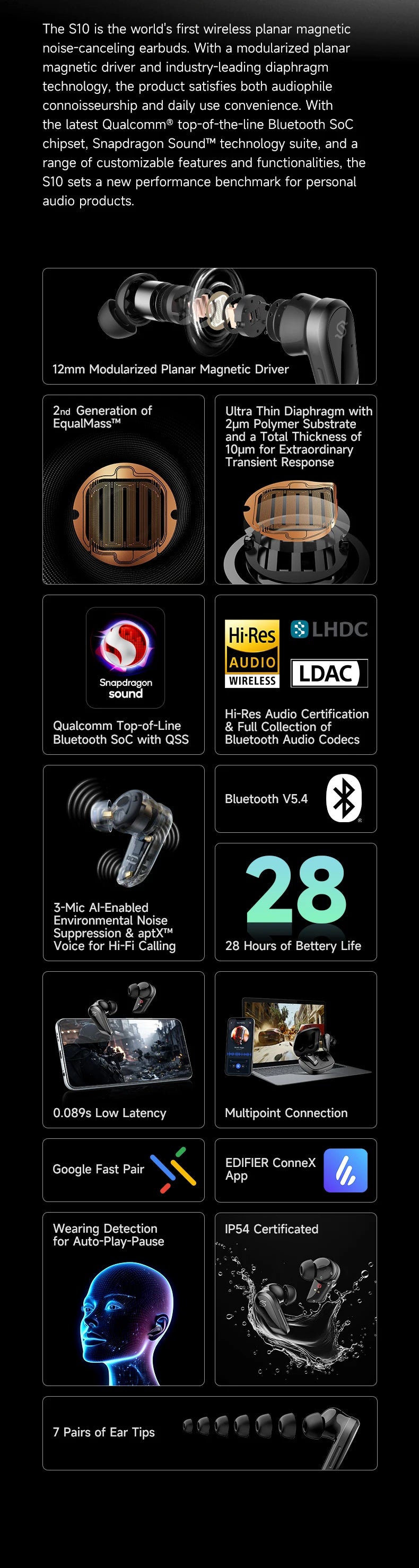 EDIFIER S10 Planar Magnetic ANC True Wireless Earbuds Hi-Res LDAC Bluetooth 5.4 Kopfhörer 6 Mikrofone 28 Stunden Akkulaufzeit