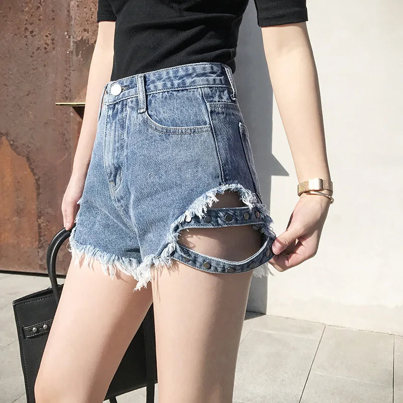 Summer Side Spike Damen-Denim-Shorts 2021 Mode Loose Holes High Waist Jeans High Street Weite Beine Dünne Shorts Damen Hosen