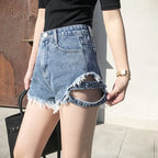 Summer Side Spike Damen-Denim-Shorts 2021 Mode Loose Holes High Waist Jeans High Street Weite Beine Dünne Shorts Damen Hosen