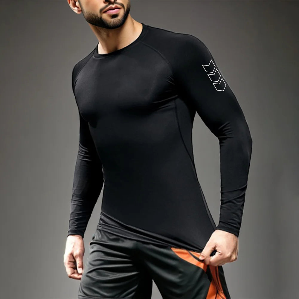 Herren Kompressions-Langarmshirt Schwarz Fitness-T-Shirt Männer Laufen Schnelltrocknend Gym-Top Sonnenschutz Sport-Baselayer