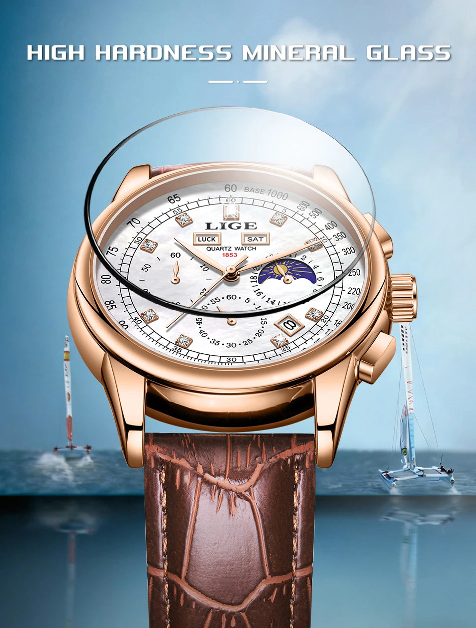 LIGE Retro Elegant Quartz Women's Wristwatches Simple Diamond Dial Fashion Casual Outdoor Date Waterproof Moon Phase Woman Watch