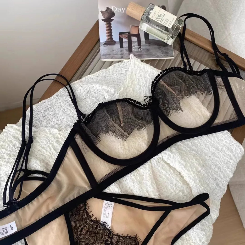 Japanisches Light Luxury Trägerloses Spitzen-BH-Set – Ultraleichter Half-Cup Minimizer aus Sheer Mesh & Spitze, nur noch 50 Sets im Flash Sale