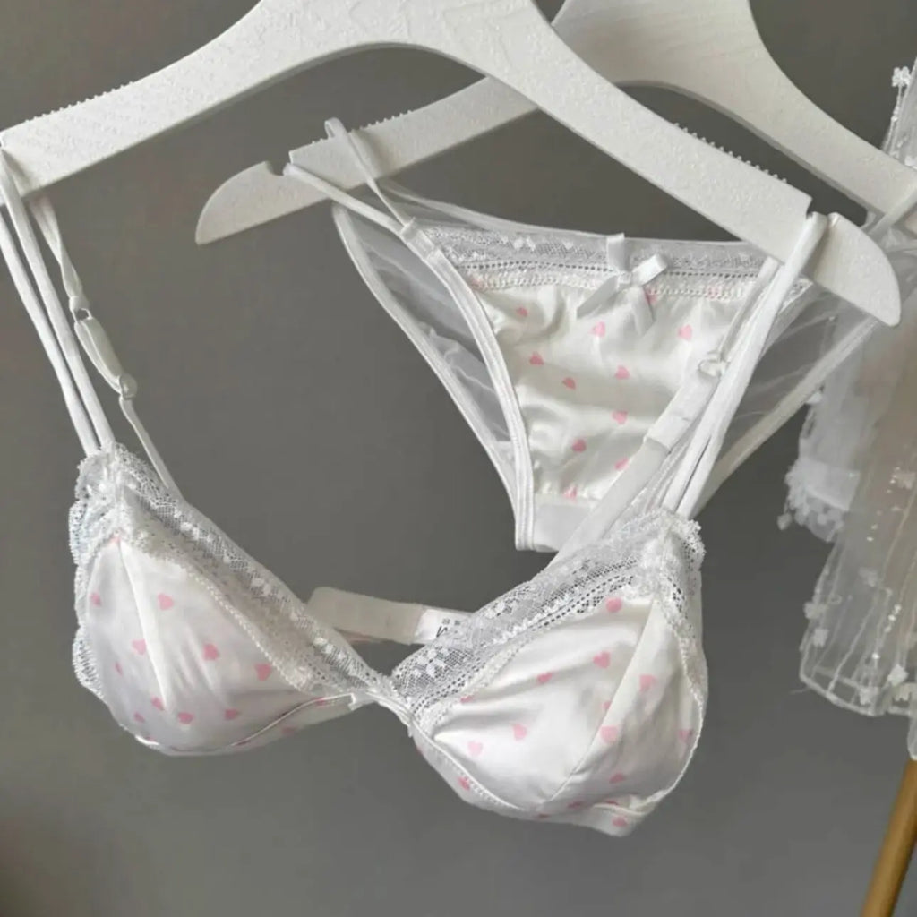 Französischer Stil Süßer Triangel-BH Lingerie Set Damen Satin Spitze Drahtlos Kleiner Busen Raffiniert Dünner Stoff Sexy Weiche Unterwäsche S-XL