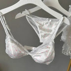 Französischer Stil Süßer Triangel-BH Lingerie Set Damen Satin Spitze Drahtlos Kleiner Busen Raffiniert Dünner Stoff Sexy Weiche Unterwäsche S-XL