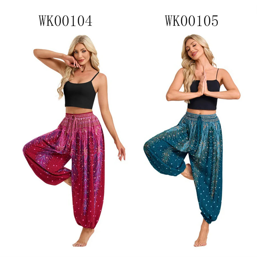 Damen Boho Weite Hosen Haremshose Erwachsene Hohe Taille Yoga Loose Laternenhose Atmungsaktive Strandhose Urlaub Bedruckte Jogger