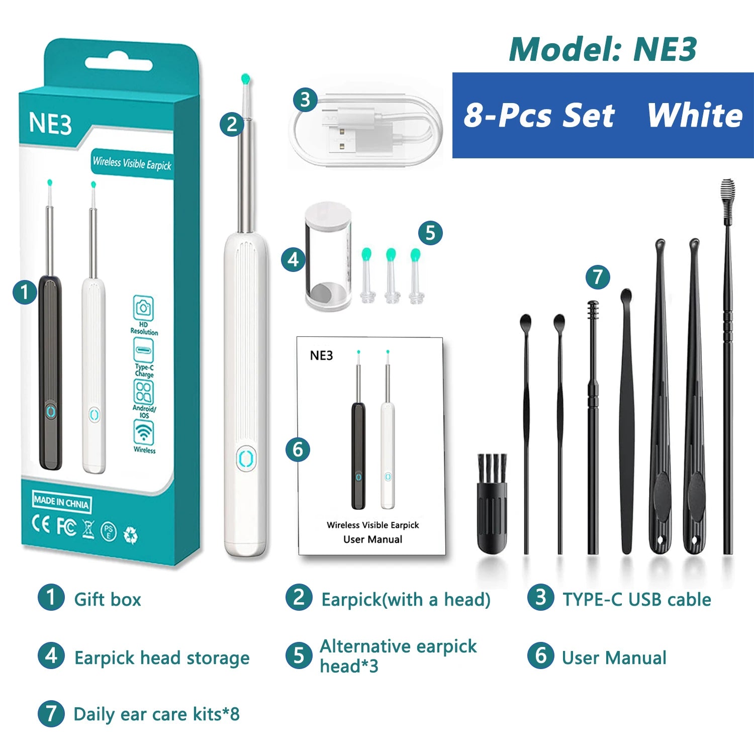 Intelligenter visueller Ohrenreiniger HD Ohrenstäbchen Otoskop USB-C-Ladeendoskop Ohrenschmalzentferner Ohrenschmalz-Entfernungswerkzeug Ohrenschmalz-Minikamera Gesundheitspflege-Set