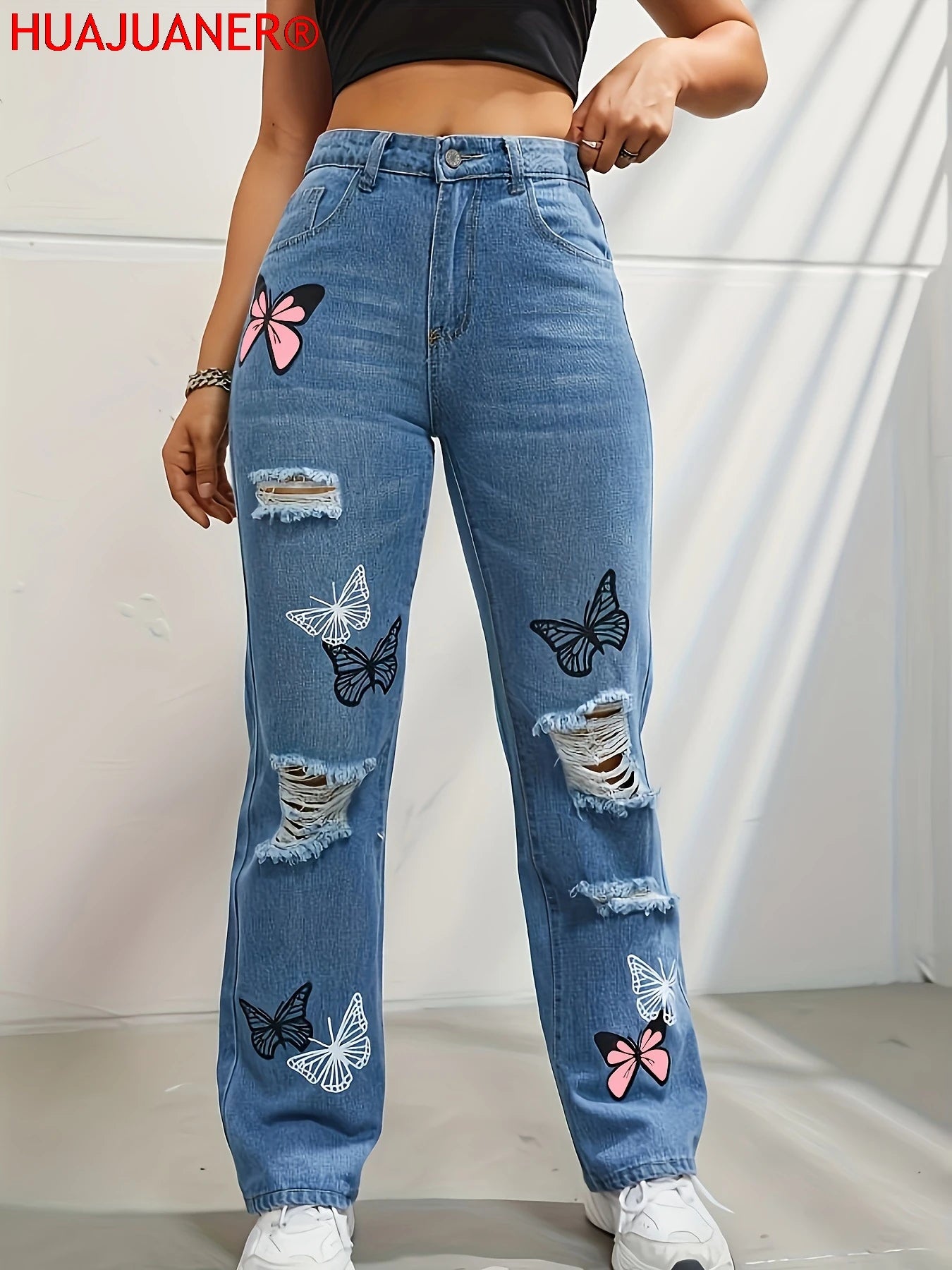 Schmetterlingsdruck Jeanshosen Damen Löcher Jeans Straight Fit Hose Hohe Taille Loose Fit Vintage 2026 Casual Distressed Denims