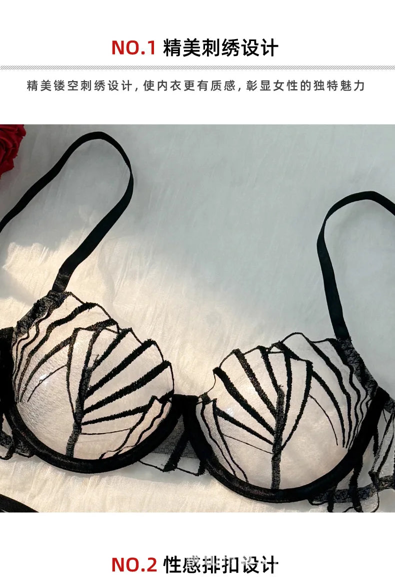 Schwarzes Dessous-Set aus Spitze – Transparenter Push-up-BH und Höschen aus Wimpernspitze mit Triangel-Cup-Design