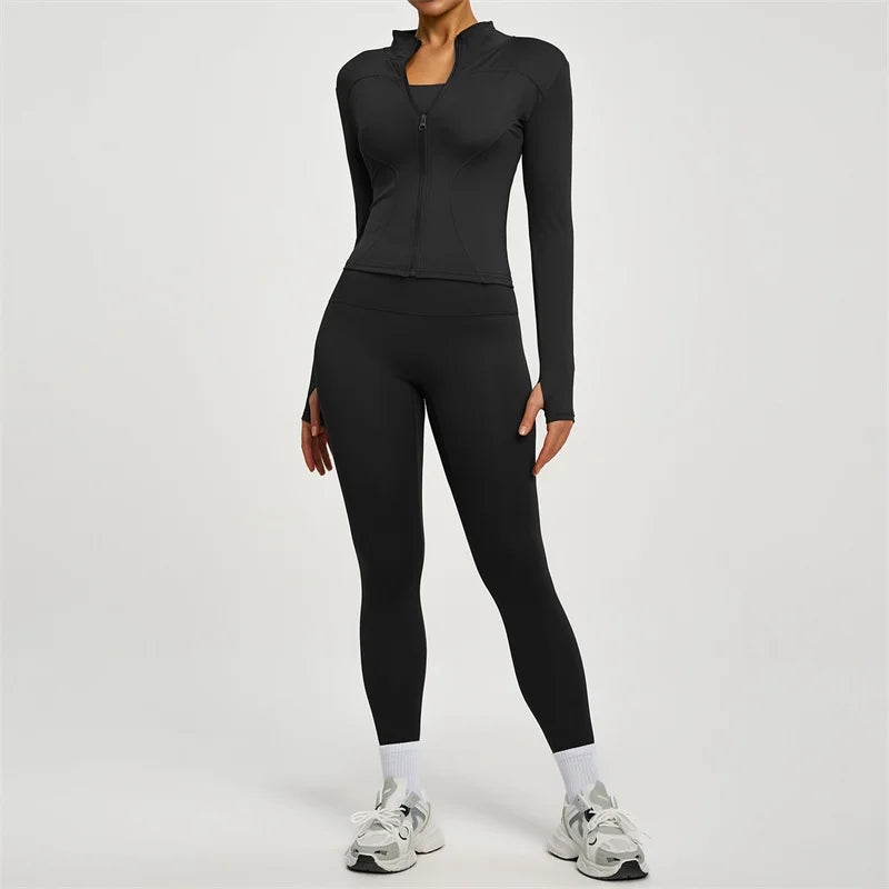 SVEIC Damen Zweiteiliger Trainingsanzug Yoga Set Langarmjacke High Waisted Leggings Atmungsaktive Sportkleidung Für Frauen