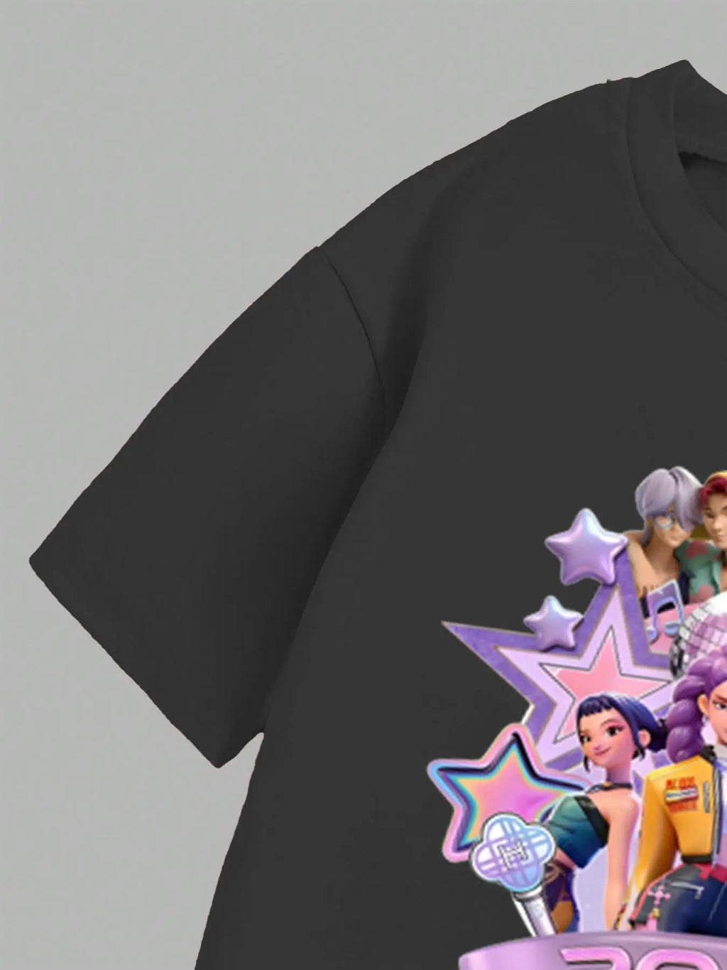 Mädchen 2-teiliges K-Pop-Konzert-Outfit 2026 – schwarzes Grafik-T-Shirt & ausgestellte Hose mit Pastell-Charakterprint für Kinder