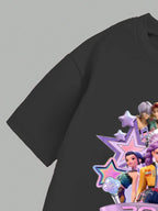 Mädchen 2-teiliges K-Pop-Konzert-Outfit 2026 – schwarzes Grafik-T-Shirt & ausgestellte Hose mit Pastell-Charakterprint für Kinder