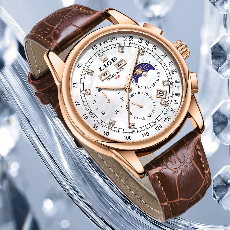 LIGE Retro Elegant Quarz Damen Armbanduhren Einfaches Diamantzifferblatt Mode Casual Outdoor Datum Wasserdicht Mondphase Damenuhr Hauptbild