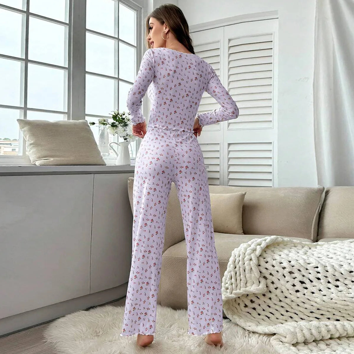 Damen Pyjama Set Spitze Knöpfe Besatz Nachtwäsche Schmale Langarmhose Geblümt Stilvolle sexy Loungewear Nachtwäsche Schlafanzug Zweitbild