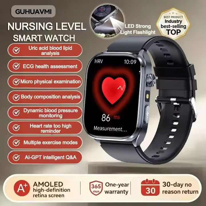 Neue Gesundheitsuhr Harnsäure Blutdruck Blutsauerstoff Körperanalyse Körperfett Smartwatch EKG+PPG Bluetooth Anruf Uhr Frauen Männer