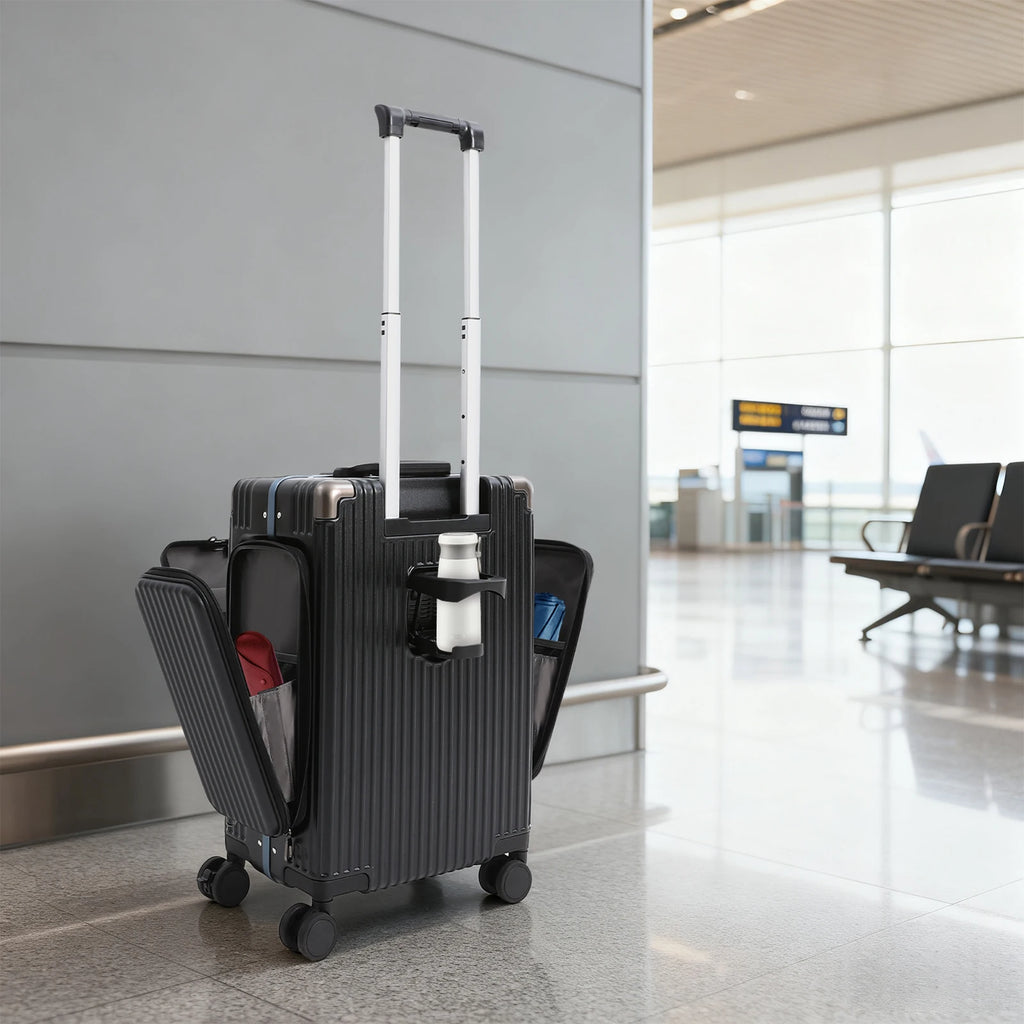 Moderner 20-Zoll PC-Gepäckkoffer, Aluminiumlegierung, Hartschale, Reisekoffer mit 4 Rollen, 3-Öffnungs-Struktur für Reisen
