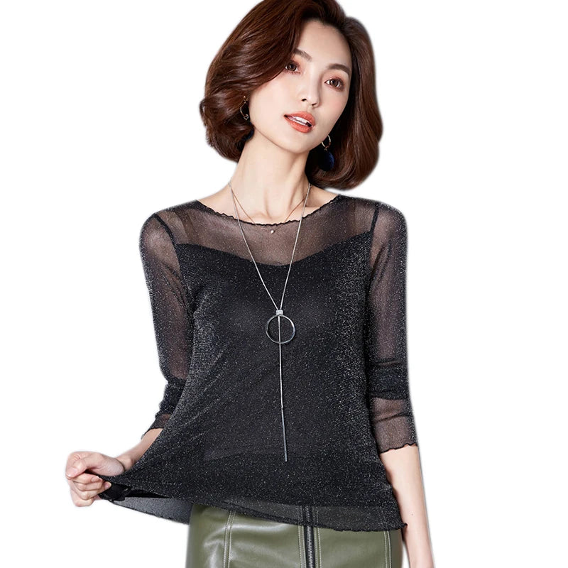 Glitzer-Netzbluse Sexy Damen Shirts Langarm-Oberteile Koreanisch Schwarz Pink O-Neck Elegante Slim Bluse Camisas Femininas