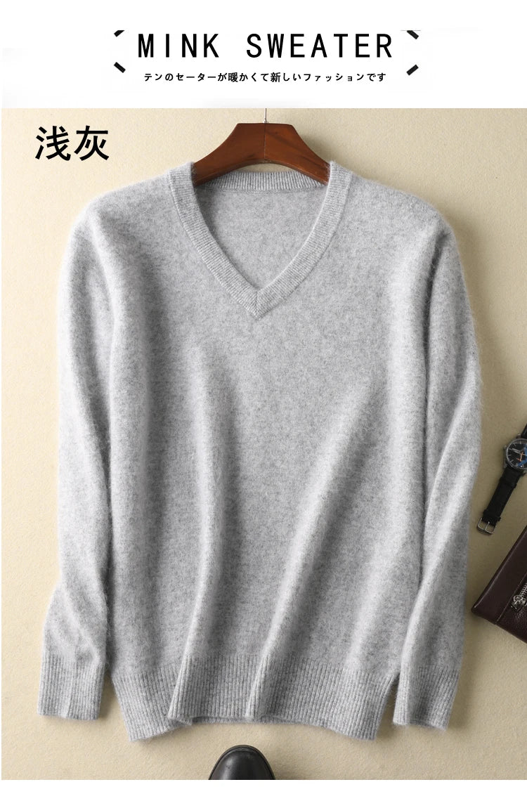 LHZSYY Men's 100% Mink Cashmere Large Size Sweaters Autumn Winter Solid V-neck Casual Knit Pullovers Men Long Sleeve Warm Jumper