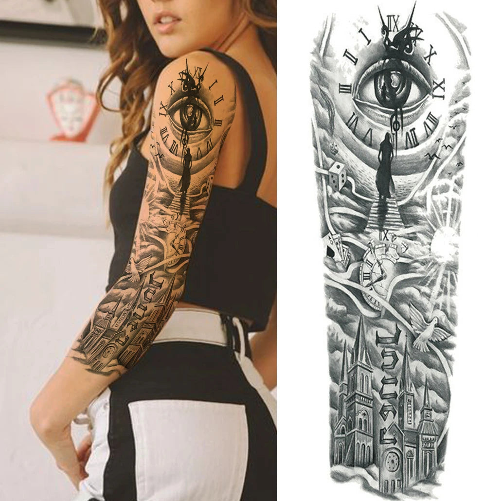 Kompass Roboterarm Temporäre Tattoos Ärmel für Männer Frauen Realistische Gefälschte Totenkopf Engel Ganzarm Tattoos Maori Totem Tattoo Aufkleber