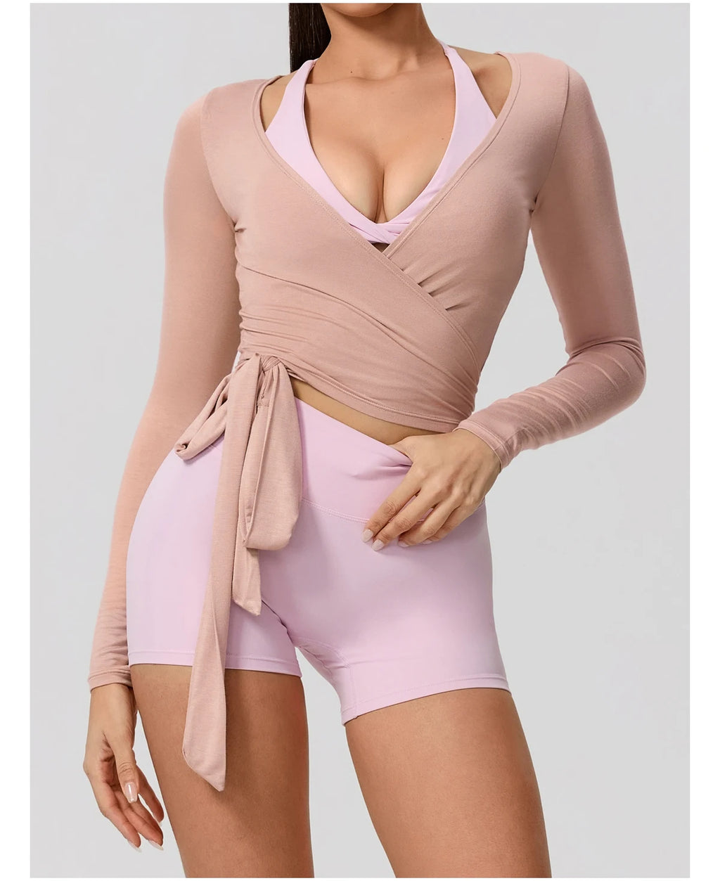 Neue Sommer Damen Yoga Langarm Einteiler Träger Yoga Kleidung Weibliches Training Premium Ballett WickeloberteileFrauen Fitness Sport Top