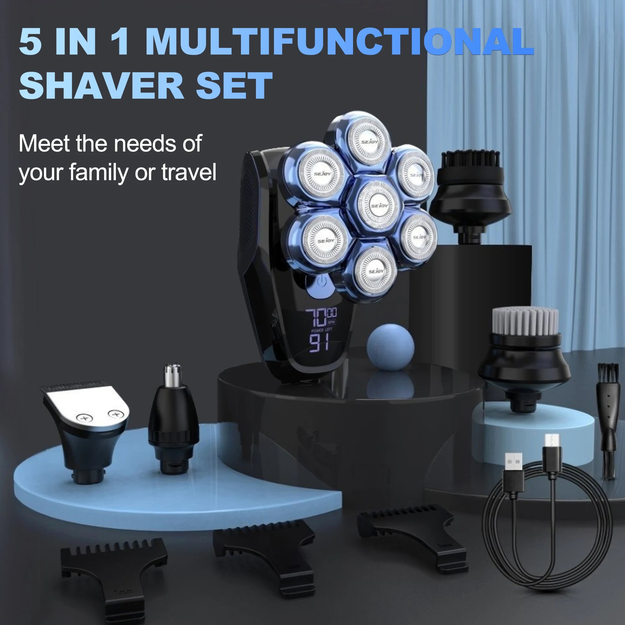 Sejoy 6-in-1 7D Kopfrasierer für Glatzen Elektrorasierer mit Nasenhaartrimmer Wasserdichtes Multifunktionales Herrenpflege-Set