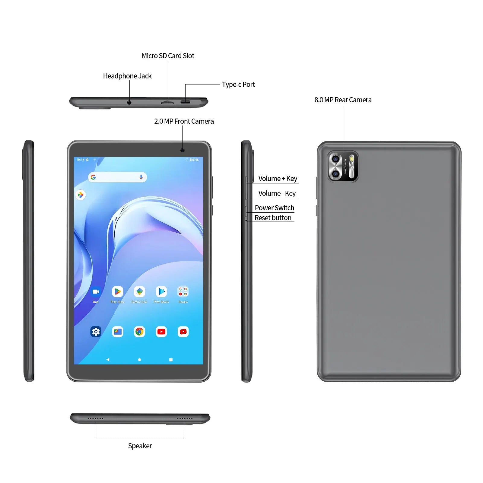 PRITOM 8 Zoll Tablet Android 13, 8GB (4+4 erweiterbar) RAM 64GB ROM, 1TB erweiterbar, 1280x800 IPS-Display, 5000mAh Akku, Dual-Kamera, WiFi